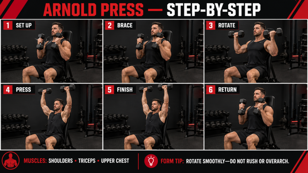 Six-panel CIWO Arnold Press guide showing the seated dumbbell rotation and overhead press