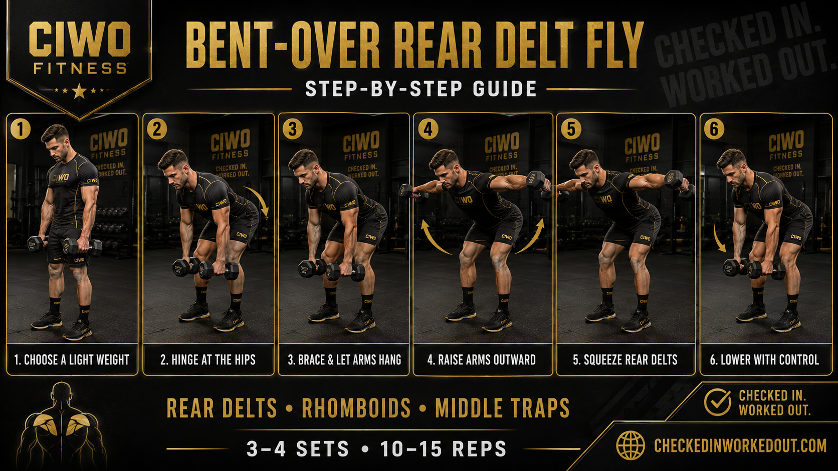 Six-panel branded CIWO Bent-Over Rear Delt Fly guide showing the hip hinge, outward dumbbell raise and controlled return