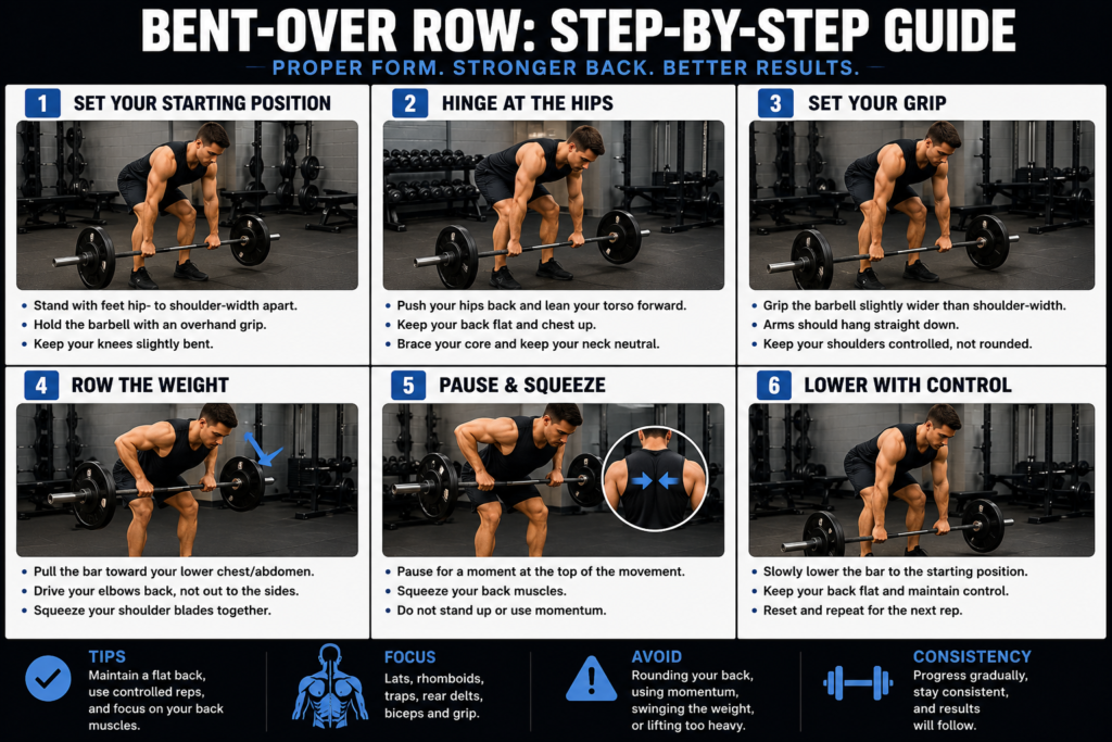 Bent-over row workout tutorial showing proper form step by step