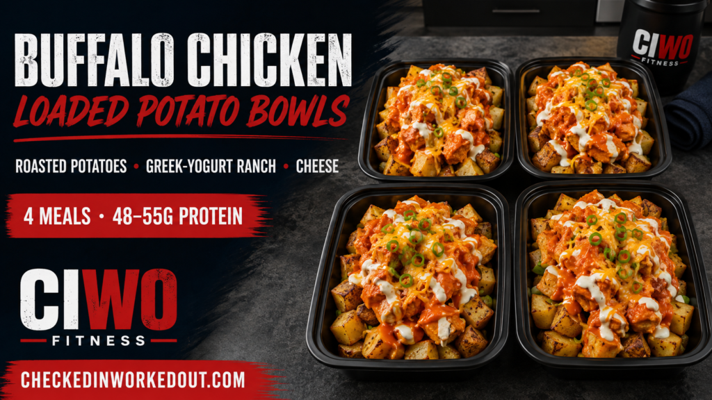 Four CIWO Buffalo Chicken Loaded Potato Bowls with roasted potatoes, Greek-yogurt ranch and cheese