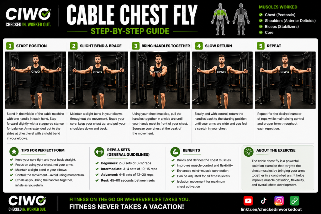 Cable chest fly step-by-step exercise guide showing start position, chest contraction and controlled return