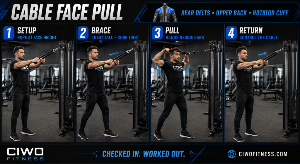 Four-panel CIWO Cable Face Pull step-by-step exercise guide