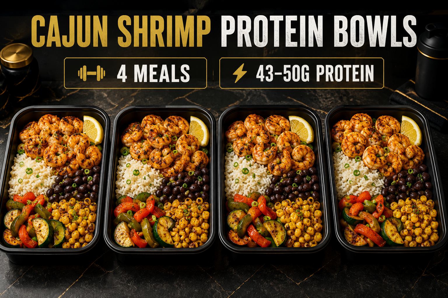 Four CIWO Cajun Shrimp Protein Bowls with rice, black beans, corn, peppers and zucchini