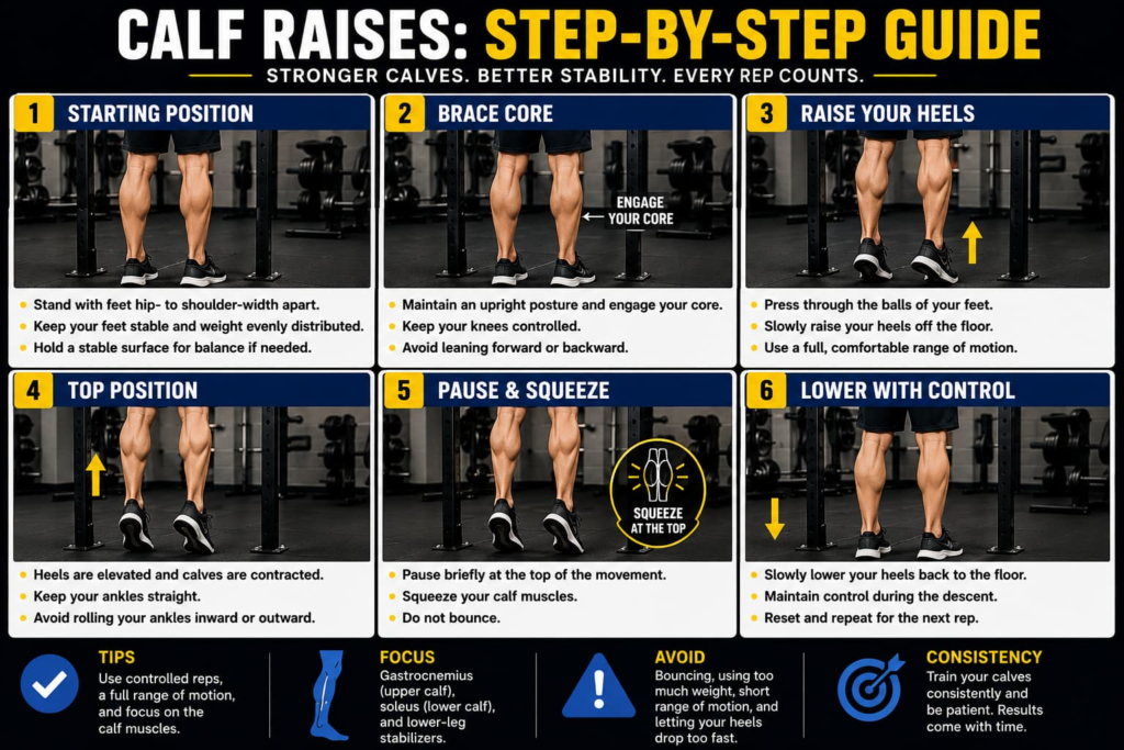 Calf raises tutorial showing proper form step by step