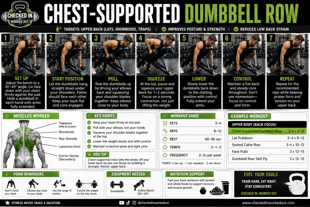 Chest-Supported Dumbbell Row step-by-step exercise guide with dumbbells and incline bench