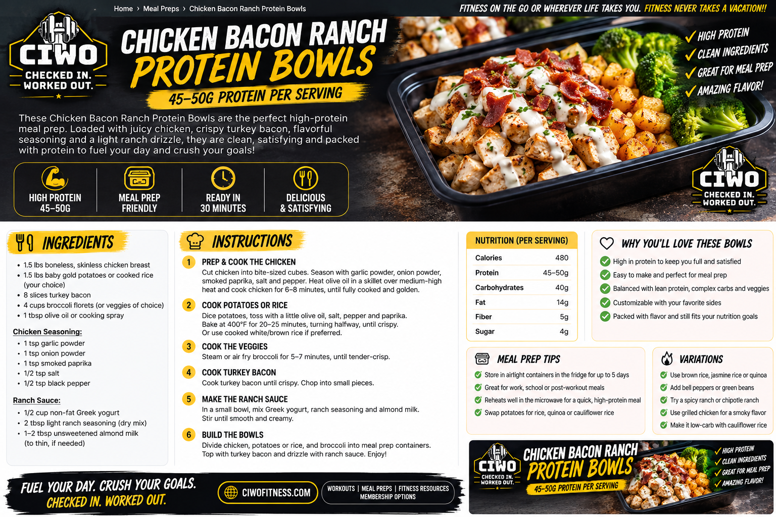 CIWO Chicken Bacon Ranch Protein Bowls with chicken, turkey bacon, potatoes, broccoli and light ranch
