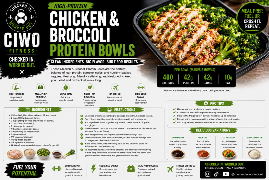 CIWO Chicken and Broccoli Protein Bowls recipe card with ingredients, instructions, macros and meal-prep tips