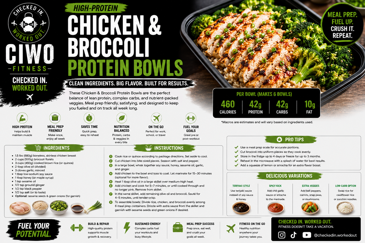 CIWO Chicken and Broccoli Protein Bowls recipe card with ingredients, instructions, macros and meal-prep tips