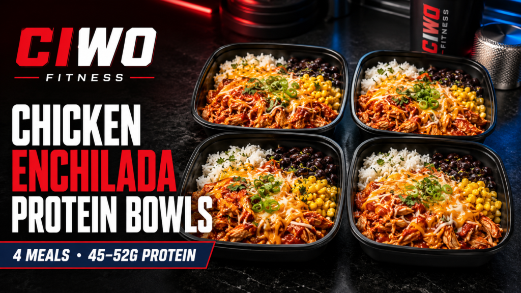 Four CIWO Chicken Enchilada Protein Bowls with rice, black beans, corn and cheese