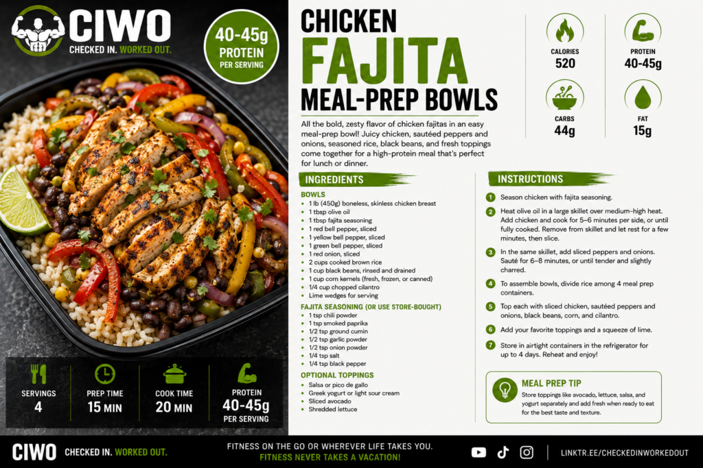 Chicken fajita meal-prep bowl with seasoned chicken breast, peppers, onions, rice, black beans, corn, cilantro and lime