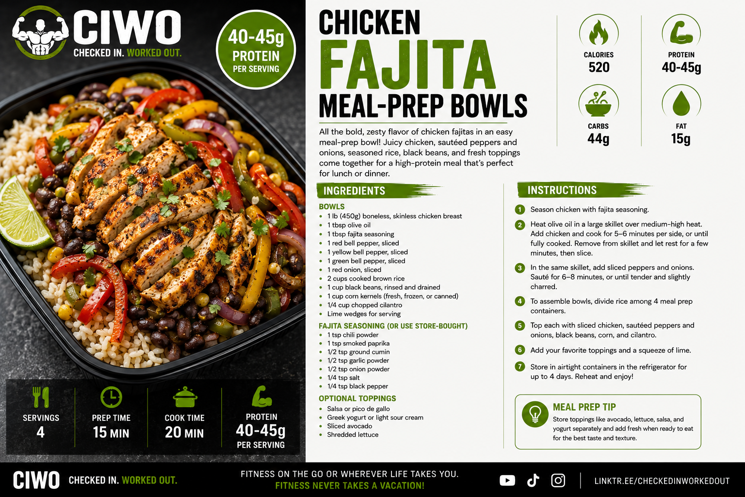 Chicken fajita meal-prep bowl with seasoned chicken breast, peppers, onions, rice, black beans, corn, cilantro and lime