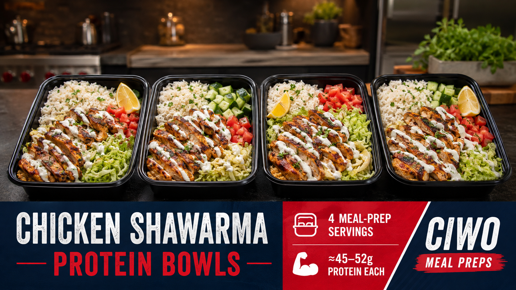 Four CIWO Chicken Shawarma Protein Bowls with rice, cucumber, tomato, lettuce and yogurt garlic sauce