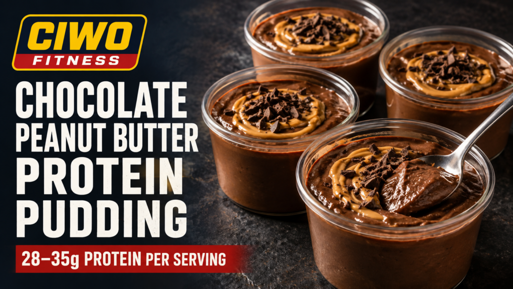 Four cups of CIWO Chocolate Peanut Butter Protein Pudding with peanut butter swirls