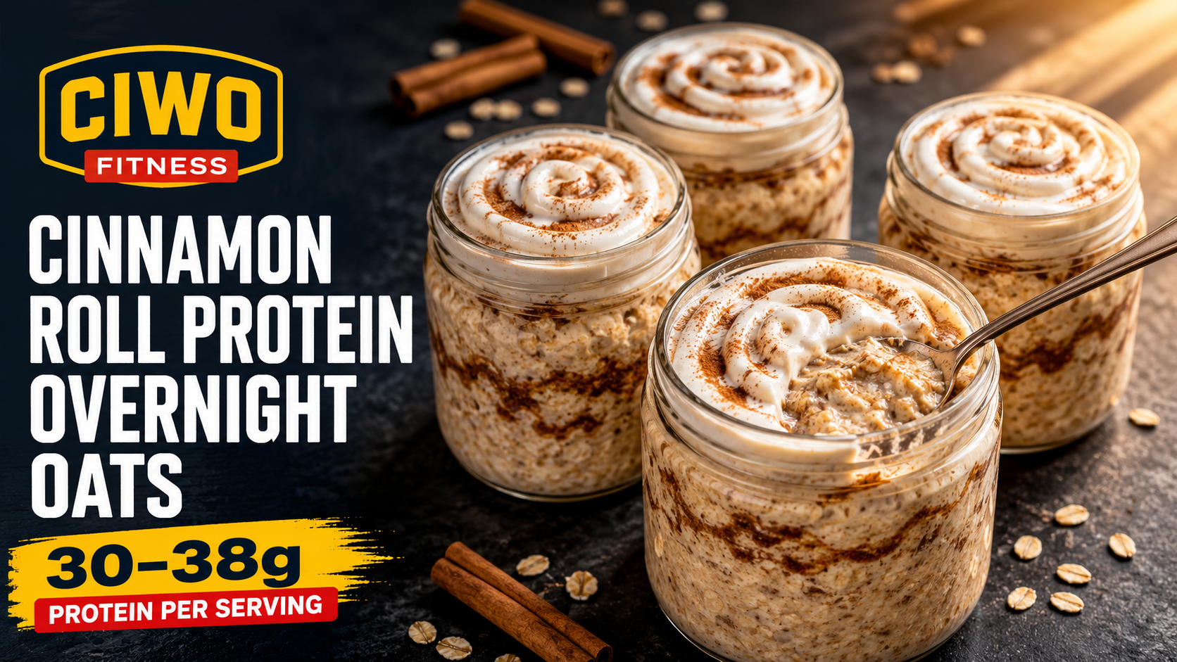 Four jars of CIWO Cinnamon Roll Protein Overnight Oats with creamy yogurt swirls