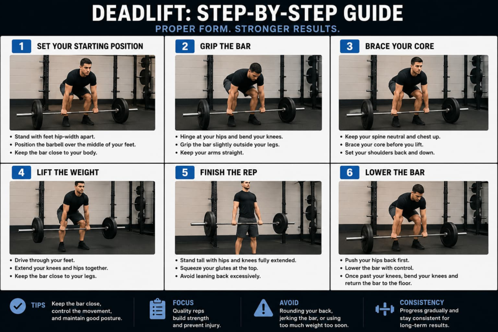 Deadlift workout tutorial showing proper form step by step