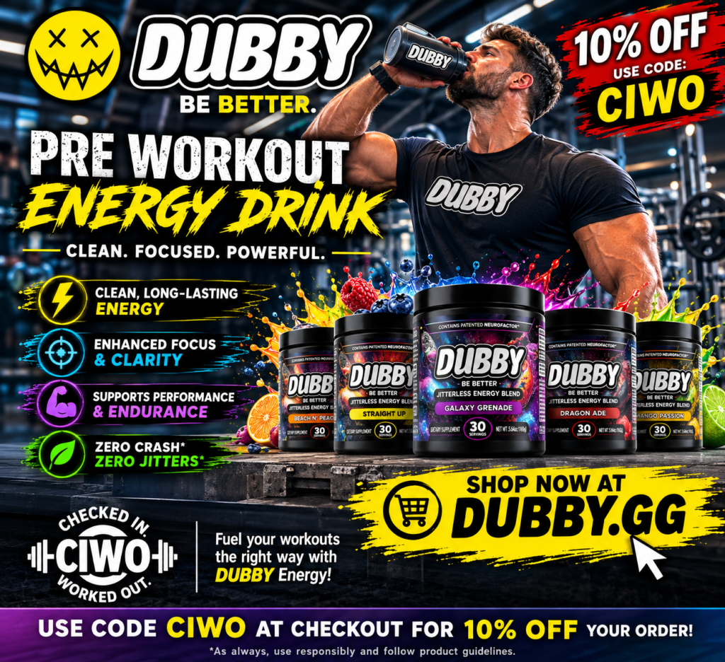 DUBBY pre-workout energy drink promotion with 10 percent off using coupon code CIWO