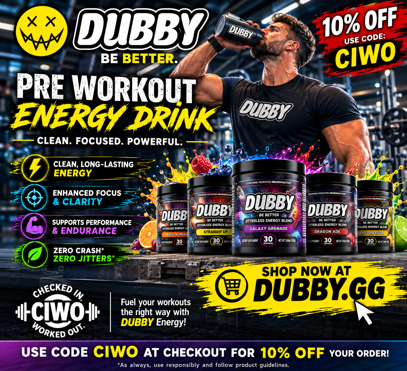 DUBBY pre-workout energy drink promotion with 10 percent off using coupon code CIWO