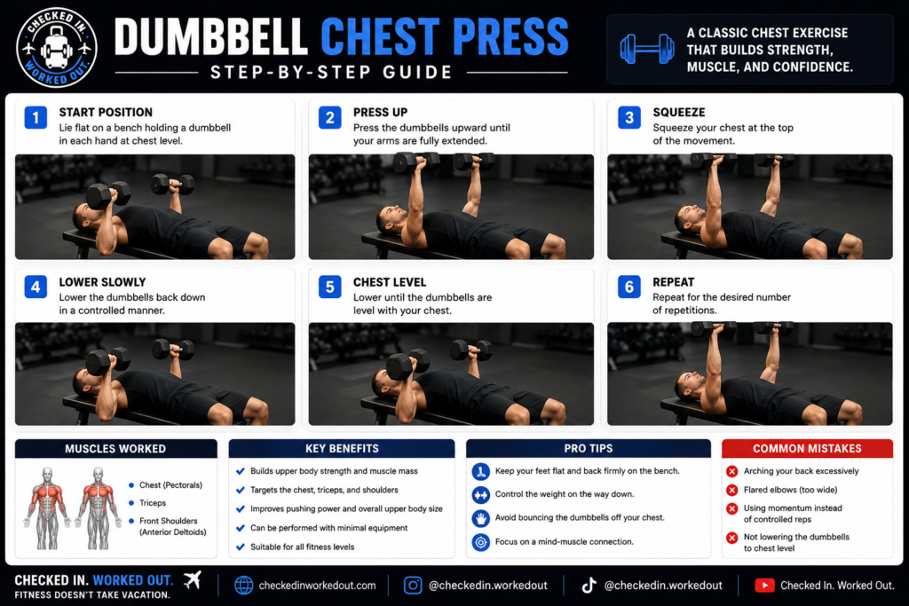 Dumbbell bench press step-by-step exercise guide showing proper chest press form from start to finish
