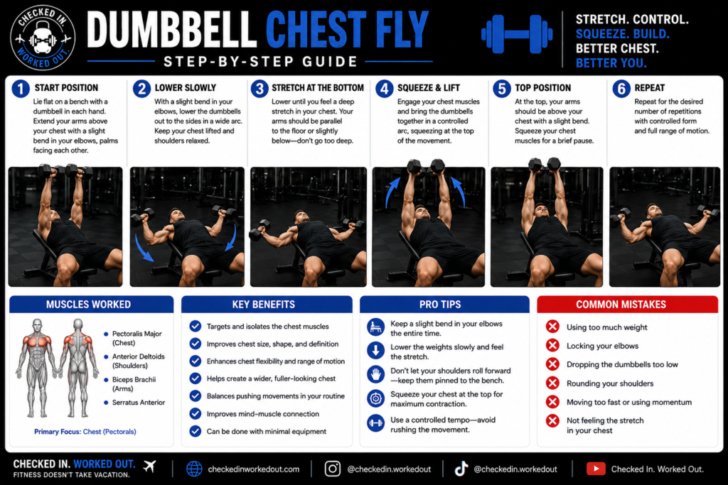 Dumbbell chest fly step-by-step exercise guide showing proper form from start position through chest contraction