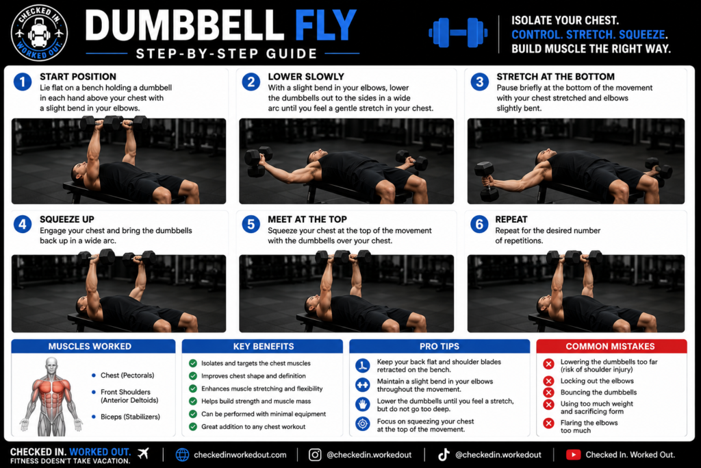Dumbbell fly step-by-step exercise guide showing six stages of proper form