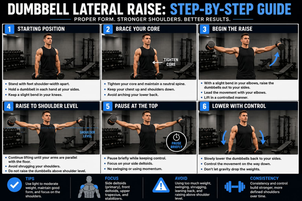 Dumbbell lateral raise tutorial showing proper form step by step