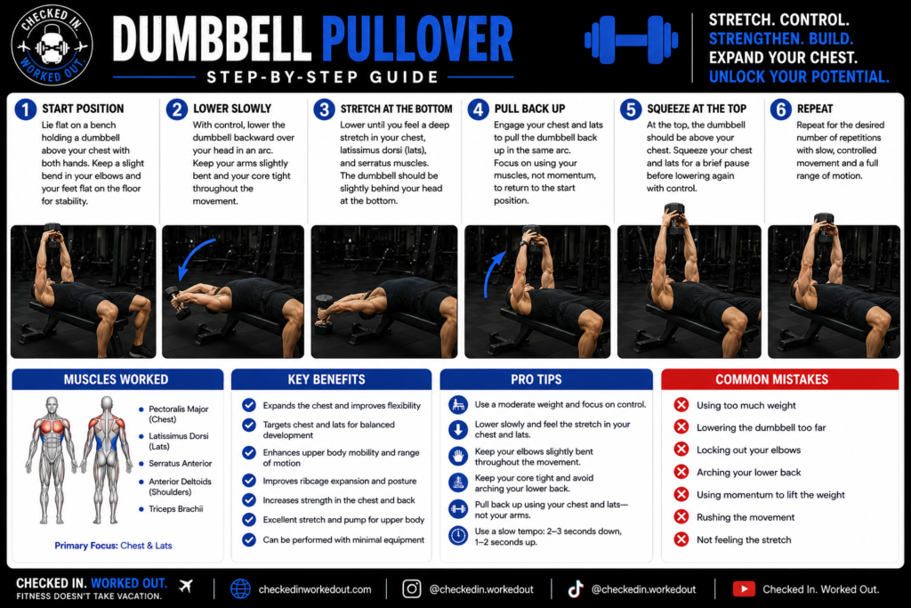 Dumbbell pullover step-by-step exercise guide showing proper chest and lat exercise form
