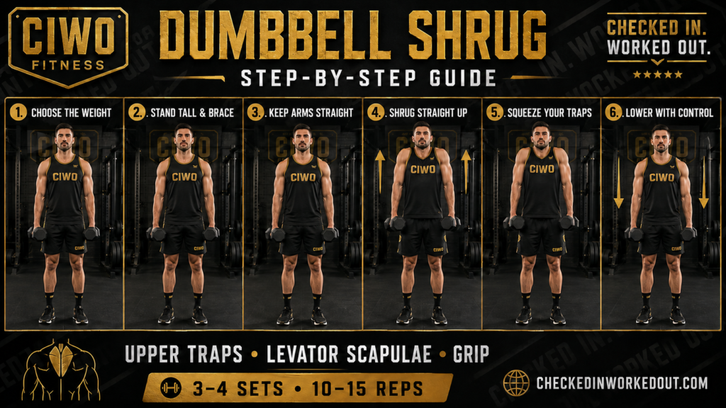 Six-panel branded CIWO Dumbbell Shrug guide showing straight arms, vertical shoulder elevation and controlled lowering
