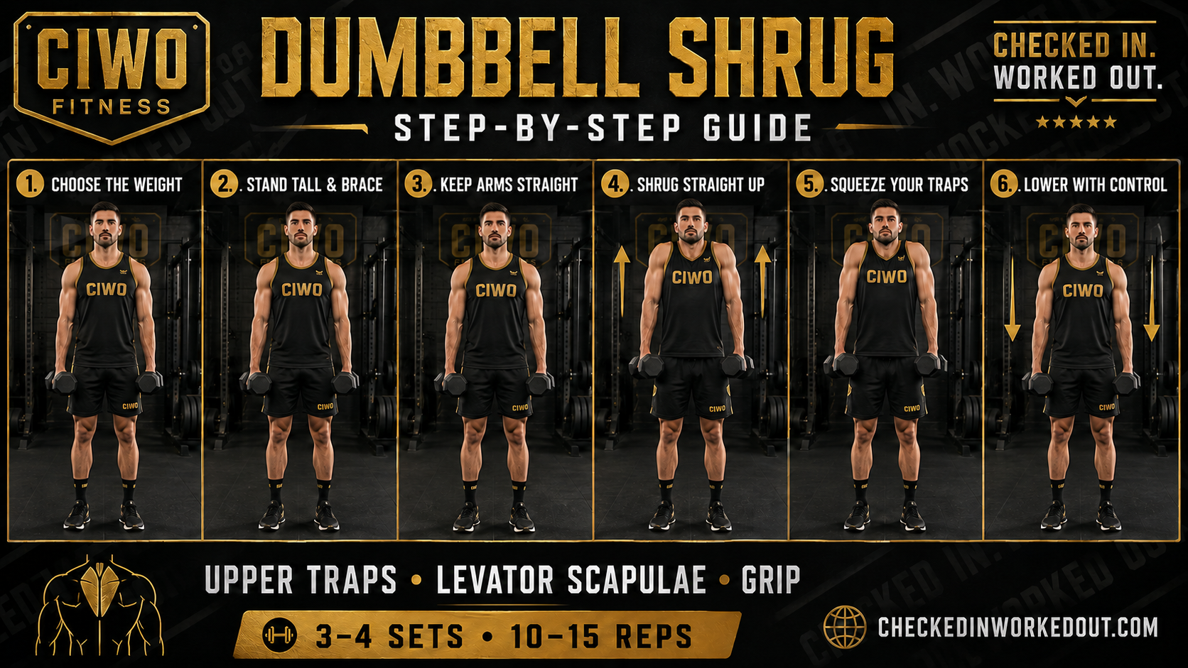 Six-panel branded CIWO Dumbbell Shrug guide showing straight arms, vertical shoulder elevation and controlled lowering