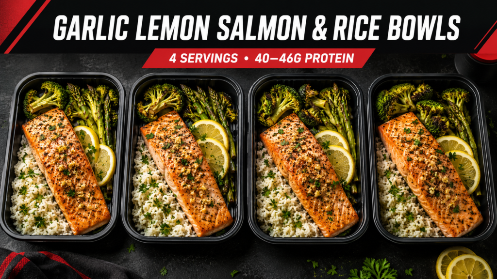 Four CIWO Garlic Lemon Salmon and Rice Bowls with broccoli, asparagus and lemon