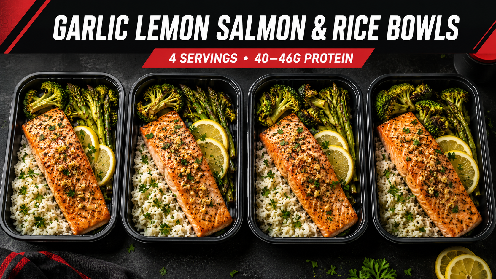 Four CIWO Garlic Lemon Salmon and Rice Bowls with broccoli, asparagus and lemon