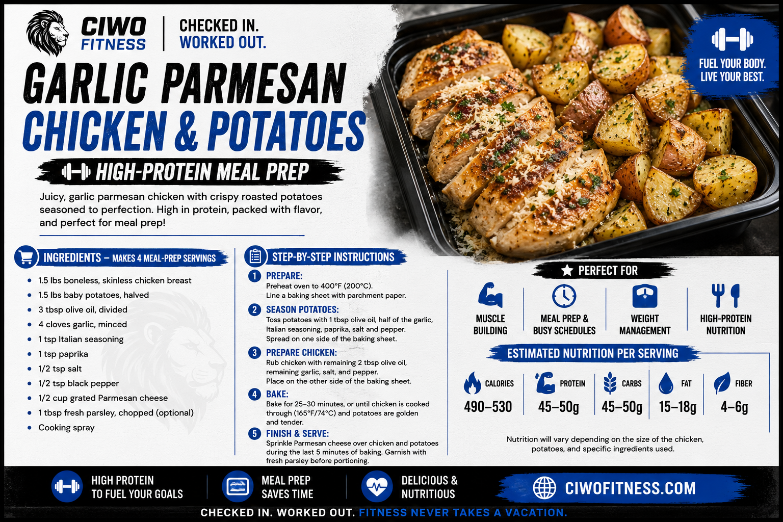 CIWO Garlic Parmesan Chicken and Potatoes high-protein meal prep