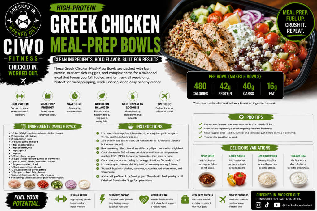 CIWO Greek Chicken Meal-Prep Bowls recipe card with chicken, quinoa, vegetables, feta, olives, macros and meal-prep tips