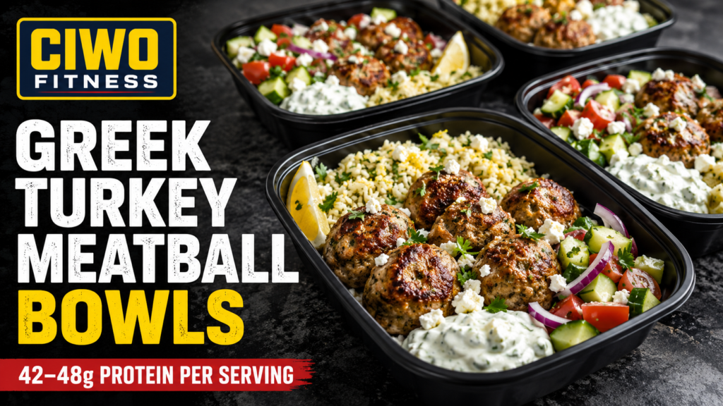 Four CIWO Greek turkey meatball meal-prep bowls with lemon rice, salad and tzatziki