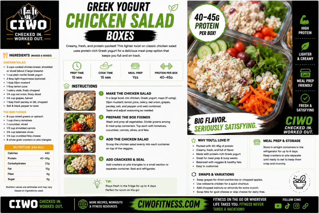CIWO Greek Yogurt Chicken Salad meal-prep boxes with chicken, Greek yogurt dressing, vegetables and crackers