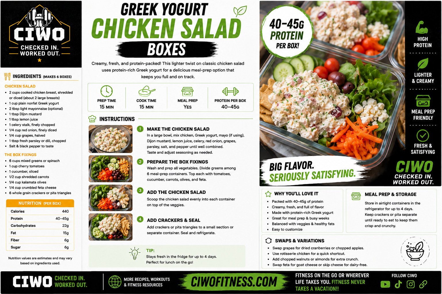 CIWO Greek Yogurt Chicken Salad meal-prep boxes with chicken, Greek yogurt dressing, vegetables and crackers