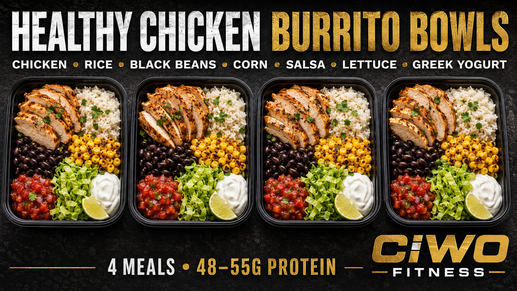 Four CIWO Healthy Chicken Burrito Bowls with chicken, rice, black beans, corn, salsa, lettuce and Greek yogurt