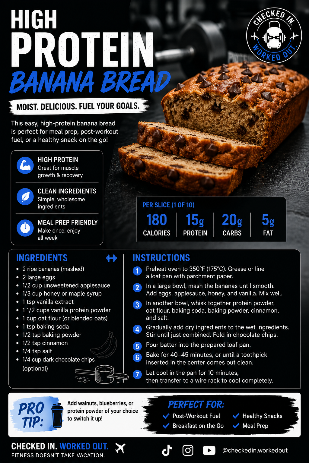CIWO high-protein banana bread recipe card with ingredients and preparation instructions