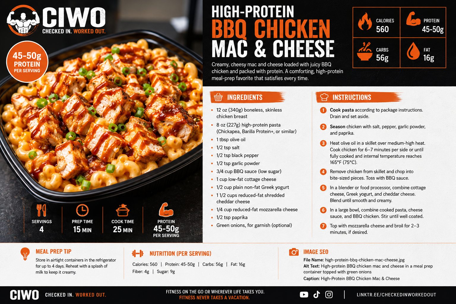 High-Protein BBQ Chicken Mac and Cheese with chicken breast, protein pasta, cheese and BBQ sauce