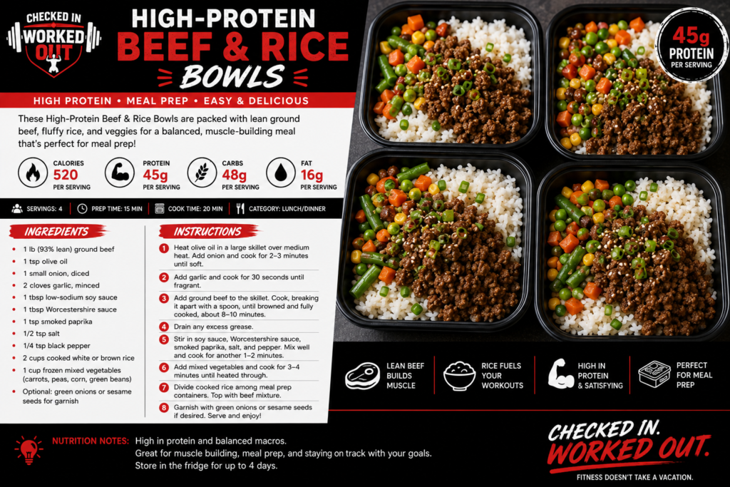 High-Protein Beef and Rice Bowls with lean ground beef, rice and mixed vegetables in meal prep containers