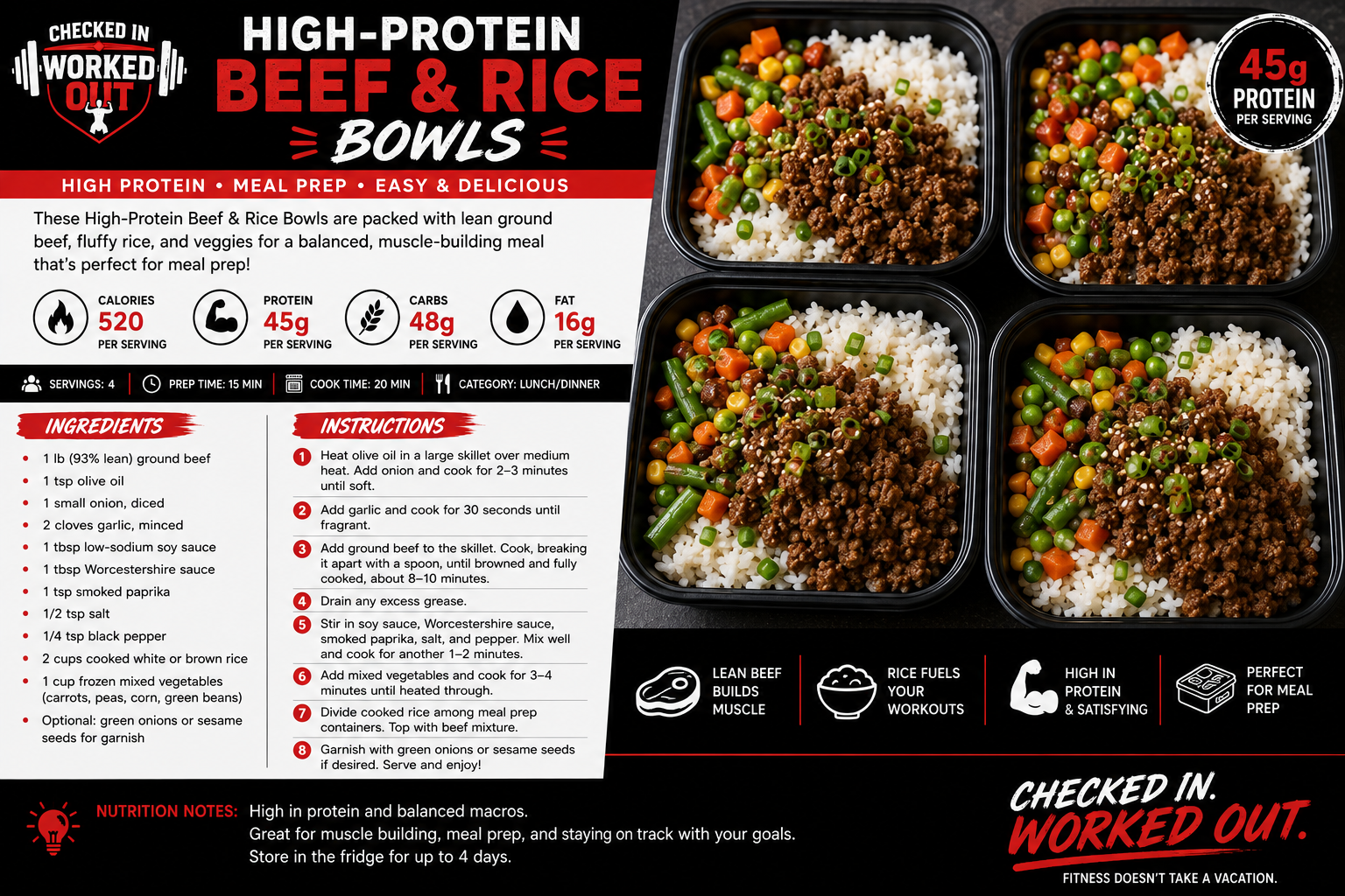 High-Protein Beef and Rice Bowls with lean ground beef, rice and mixed vegetables in meal prep containers