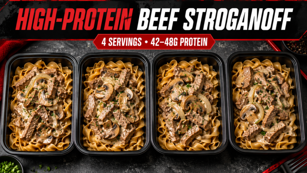 Four CIWO High-Protein Beef Stroganoff meal-prep containers with lean beef, mushrooms and egg noodles