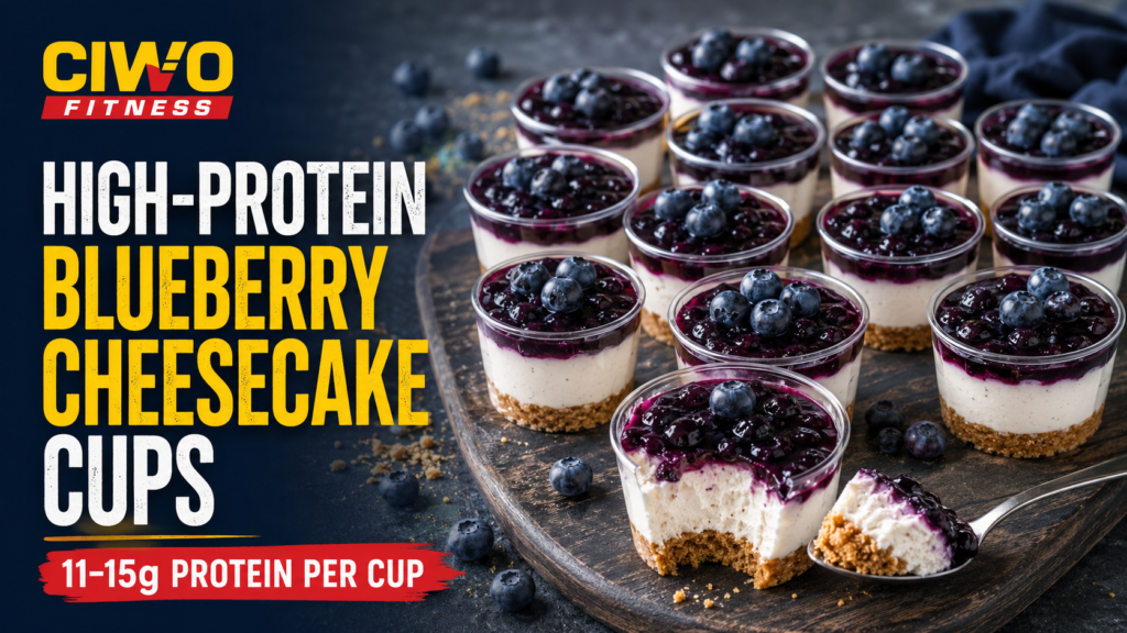 CIWO High-Protein Blueberry Cheesecake Cups with creamy filling and blueberry topping