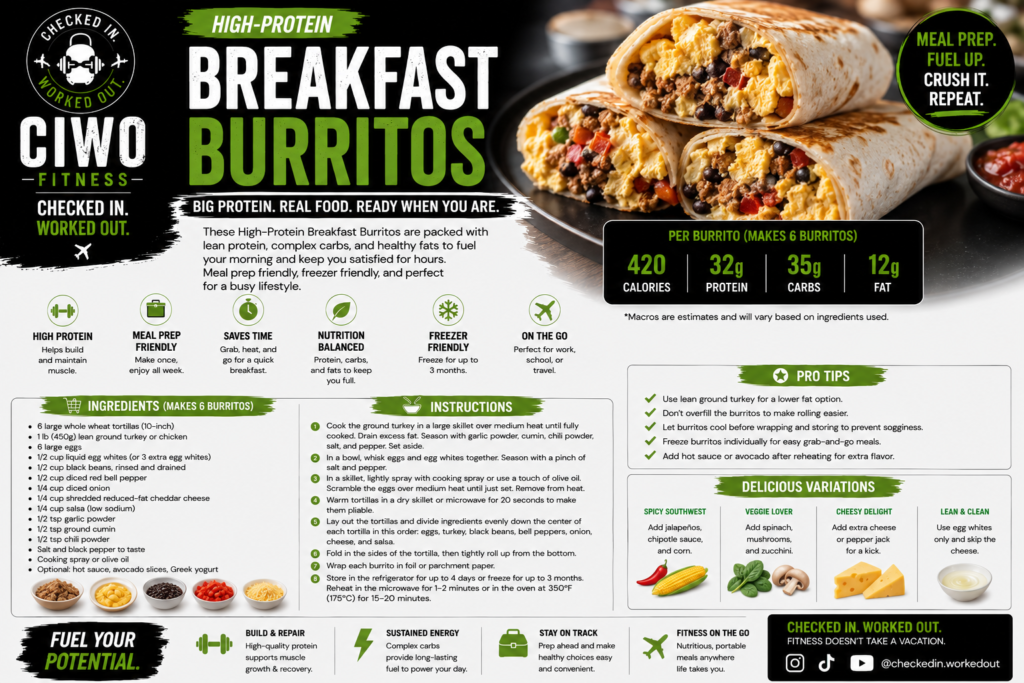 CIWO High-Protein Breakfast Burritos recipe card with ingredients, instructions, macros, meal-prep tips and variations