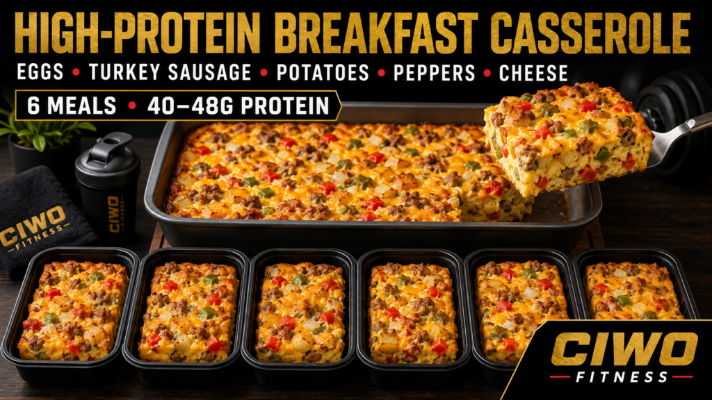 Six CIWO High-Protein Breakfast Casserole portions with eggs, turkey sausage, potatoes, peppers and cheese