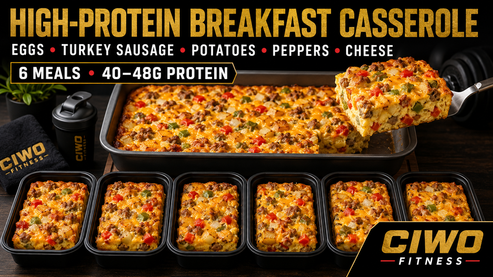 Six CIWO High-Protein Breakfast Casserole portions with eggs, turkey sausage, potatoes, peppers and cheese