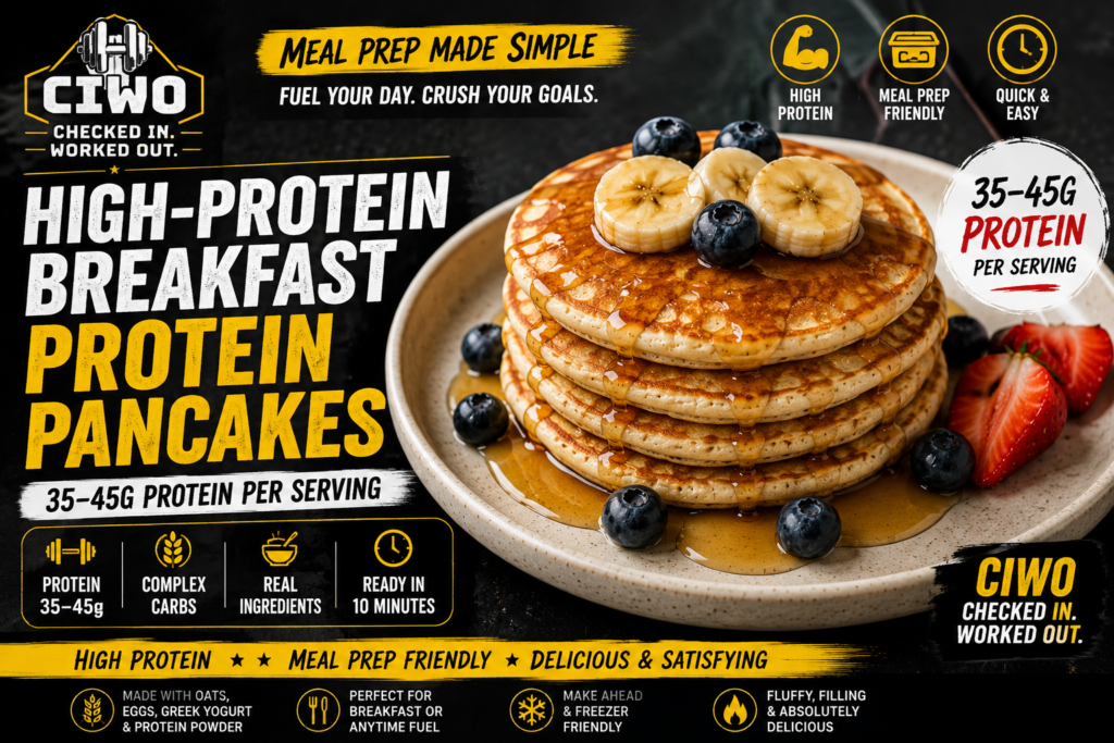 Stack of high-protein breakfast pancakes topped with banana, blueberries and syrup