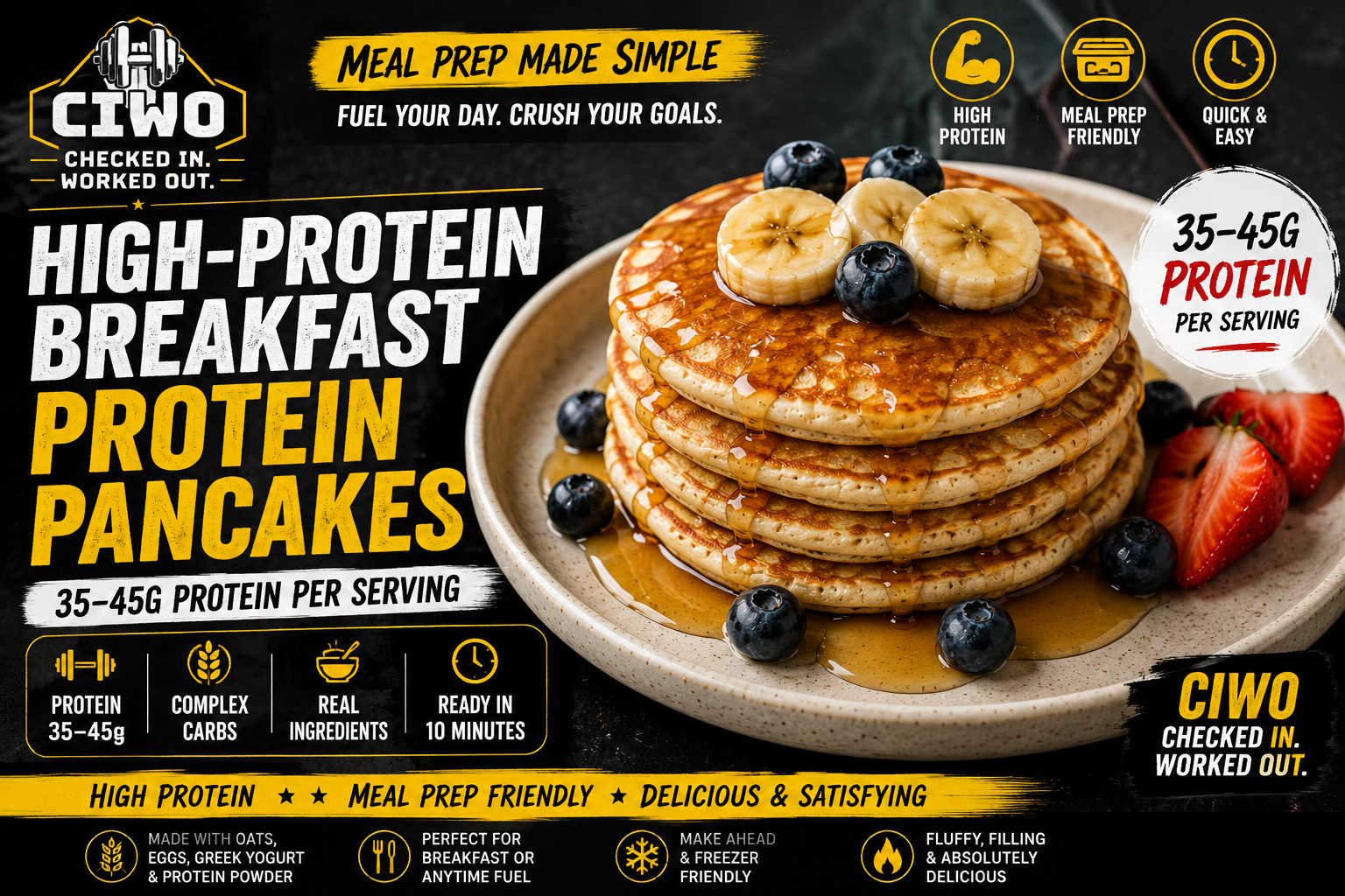 Stack of high-protein breakfast pancakes topped with banana, blueberries and syrup