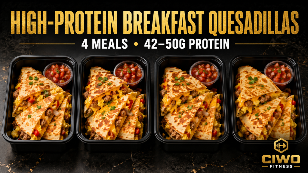 Four CIWO High-Protein Breakfast Quesadillas with eggs, turkey sausage, peppers and cheese