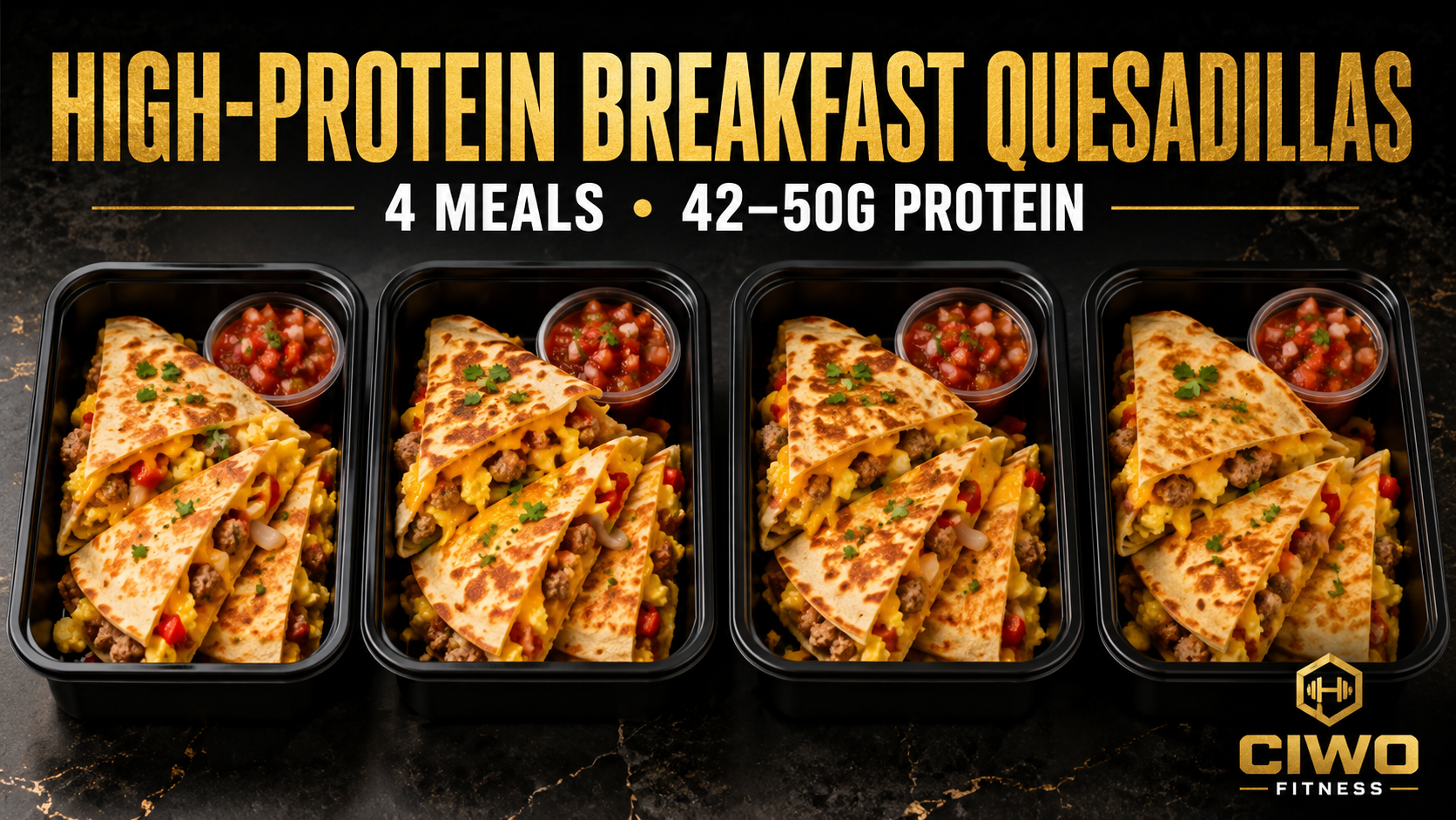 Four CIWO High-Protein Breakfast Quesadillas with eggs, turkey sausage, peppers and cheese