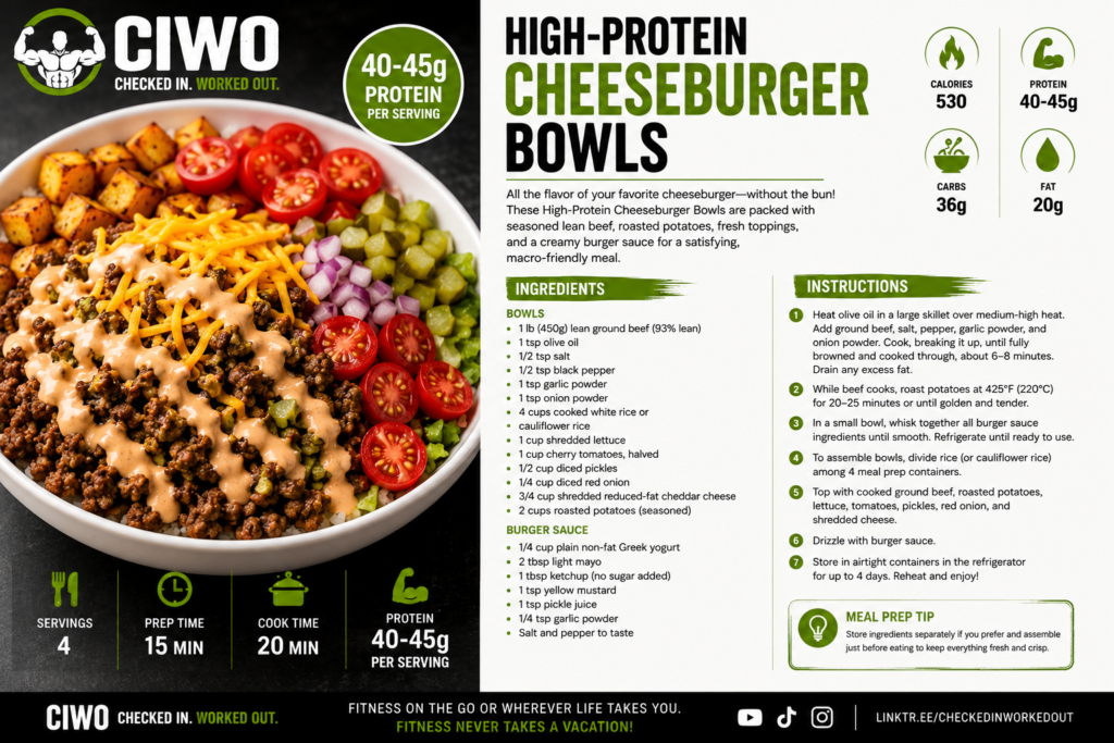 High-protein cheeseburger bowl with lean ground beef, roasted potatoes, lettuce, tomatoes, pickles and cheddar